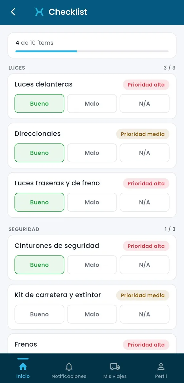 Checklist de la inspección en la app, con cuatro ítems en bueno