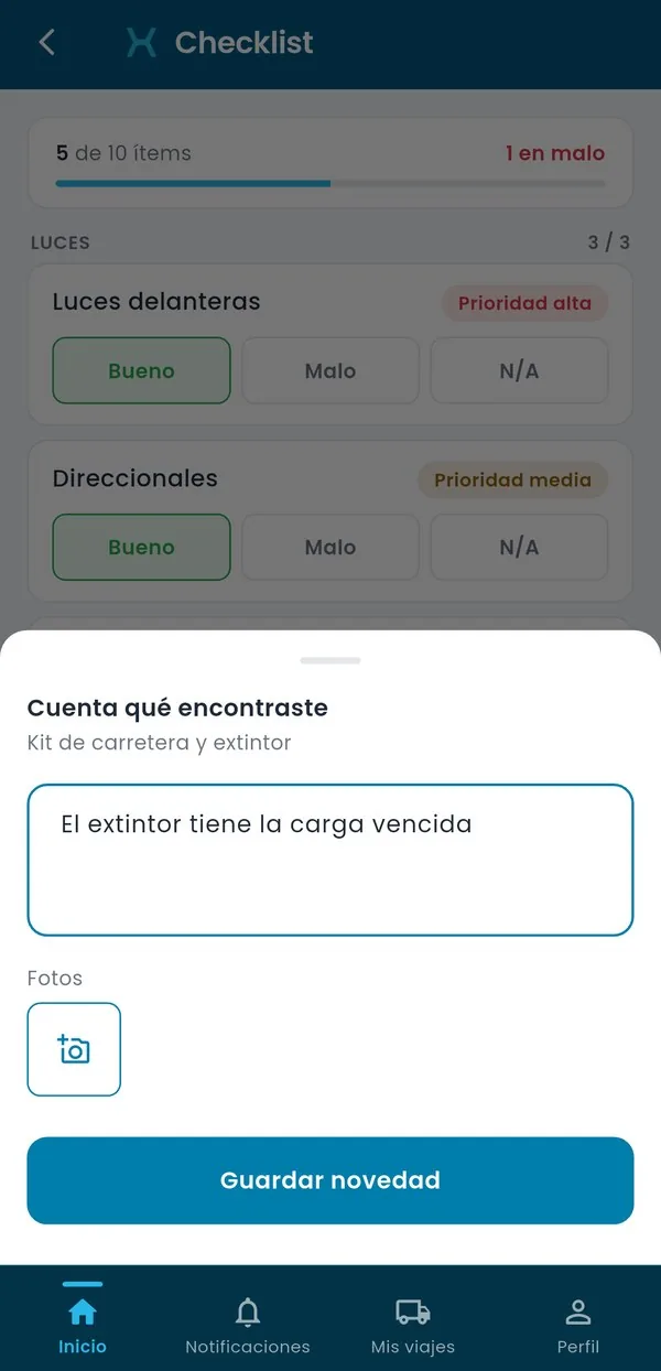 Registro de una novedad en la app: «El extintor tiene la carga vencida»